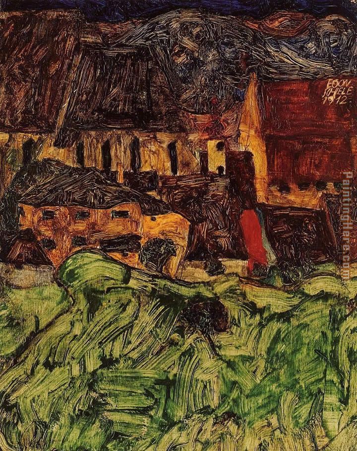Meadow Church and Houses painting - Egon Schiele Meadow Church and Houses art painting